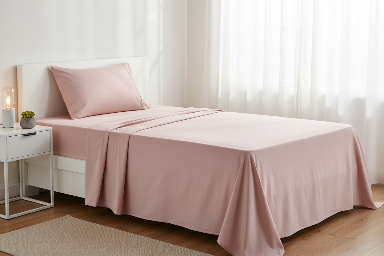 A modern cozy bedroom during daytime with soft natural lighting. A neatly made twin-size bed featuring a smooth, wrinkle-free cotton-blend bedsheet and matching pillowcase in pink. Minimalistic décor, a small white bedside table with a lamp and a small plant. Clean and peaceful atmosphere, focus on the soft texture and premium look of the bedsheet. High-resolution lifestyle product scene, interior photography style