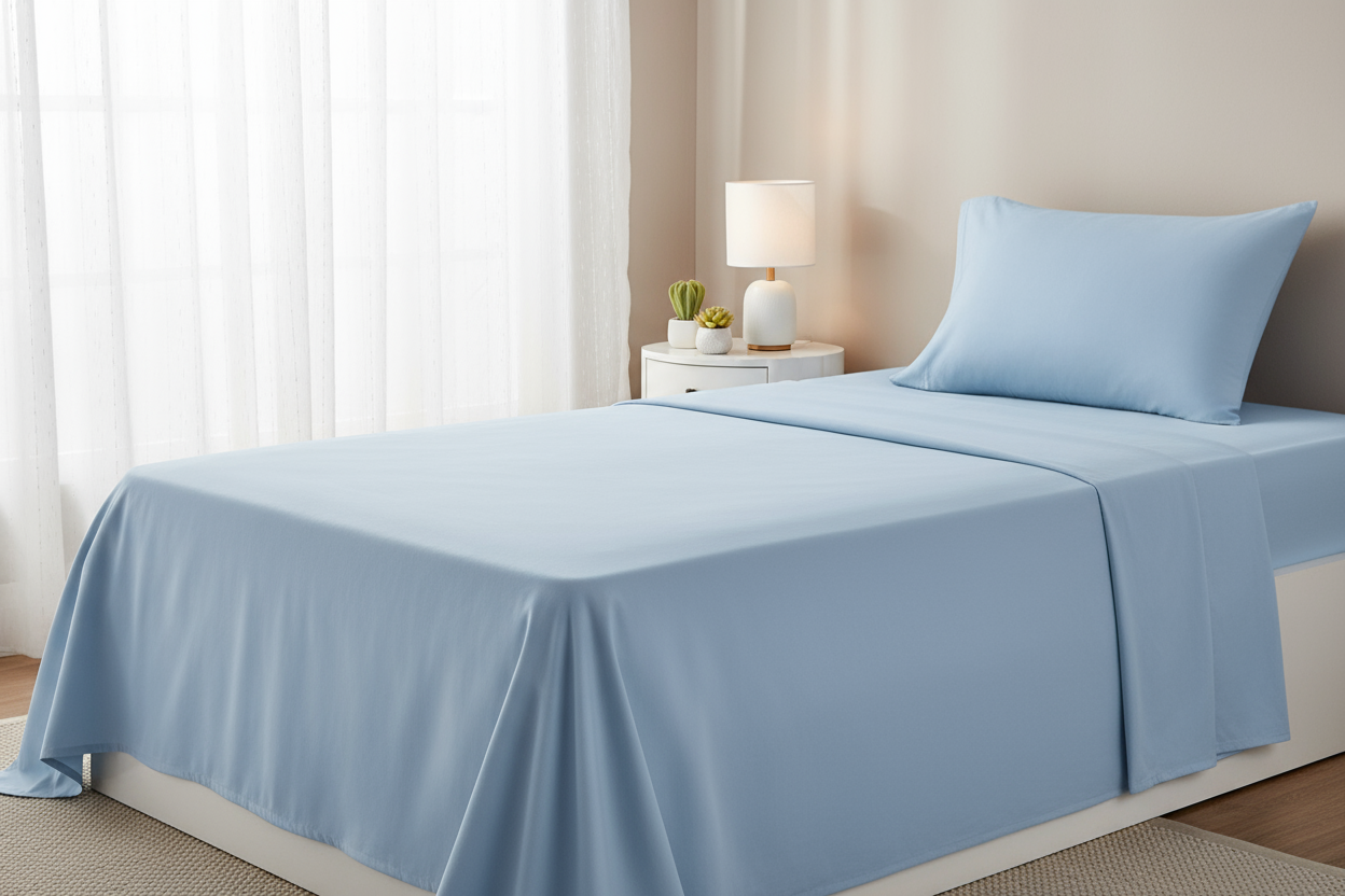A modern cozy bedroom during daytime with soft natural lighting. A neatly made twin-size bed featuring a smooth, wrinkle-free cotton-blend bedsheet and matching pillowcase in skyblue. Minimalistic décor, a small white bedside table with a lamp and a small plant. Clean and peaceful atmosphere, focus on the soft texture and premium look of the bedsheet. High-resolution lifestyle product scene, interior photography style