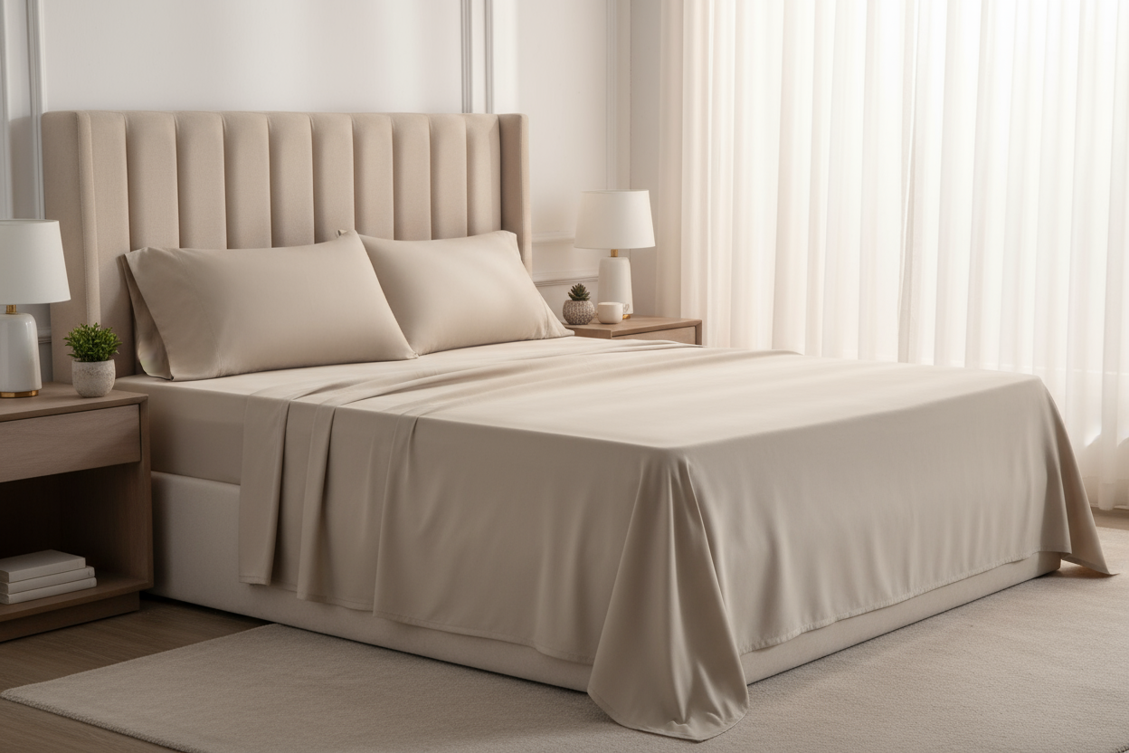 A modern, stylish bedroom with soft natural lighting. A king-size bed neatly made with a smooth wrinkle-free cotton-blend bedsheet set in [color name], with two matching pillowcases. Elegant headboard, minimal décor, clean and premium product photography style. Cozy, fresh, and well-lit atmosphere. High-resolution lifestyle interior photo, focusing on the smooth texture and luxurious look of the bedsheet.