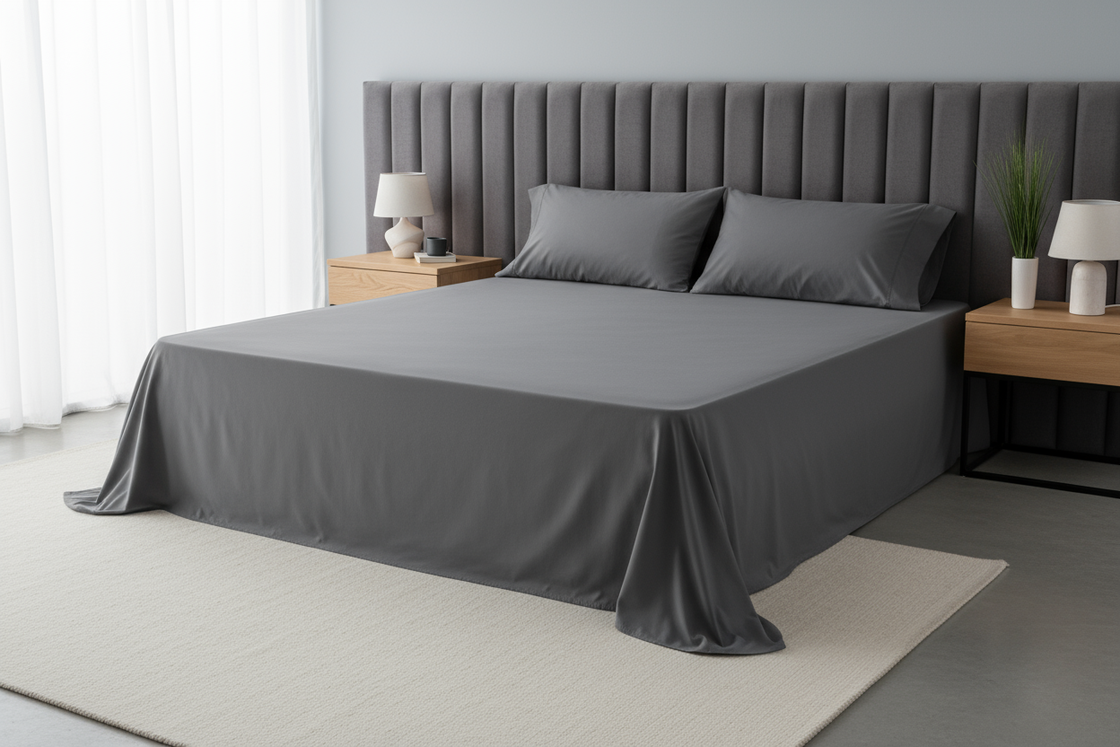 A modern, stylish bedroom with soft natural lighting. A king-size bed neatly made with a smooth wrinkle-free cotton-blend bedsheet set in gray, with two matching pillowcases. Elegant headboard, minimal décor, clean and premium product photography style. Cozy, fresh, and well-lit atmosphere. High-resolution lifestyle interior photo, focusing on the smooth texture and luxurious look of the bedsheet.