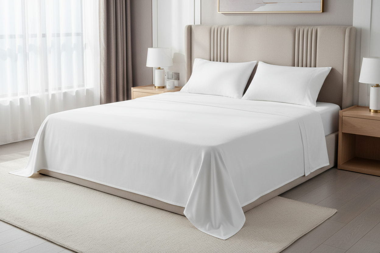 A modern, stylish bedroom with soft natural lighting. A king-size bed neatly made with a smooth wrinkle-free cotton-blend bedsheet set in white, with two matching pillowcases. Elegant headboard, minimal décor, clean and premium product photography style. Cozy, fresh, and well-lit atmosphere. High-resolution lifestyle interior photo, focusing on the smooth texture and luxurious look of the bedsheet.